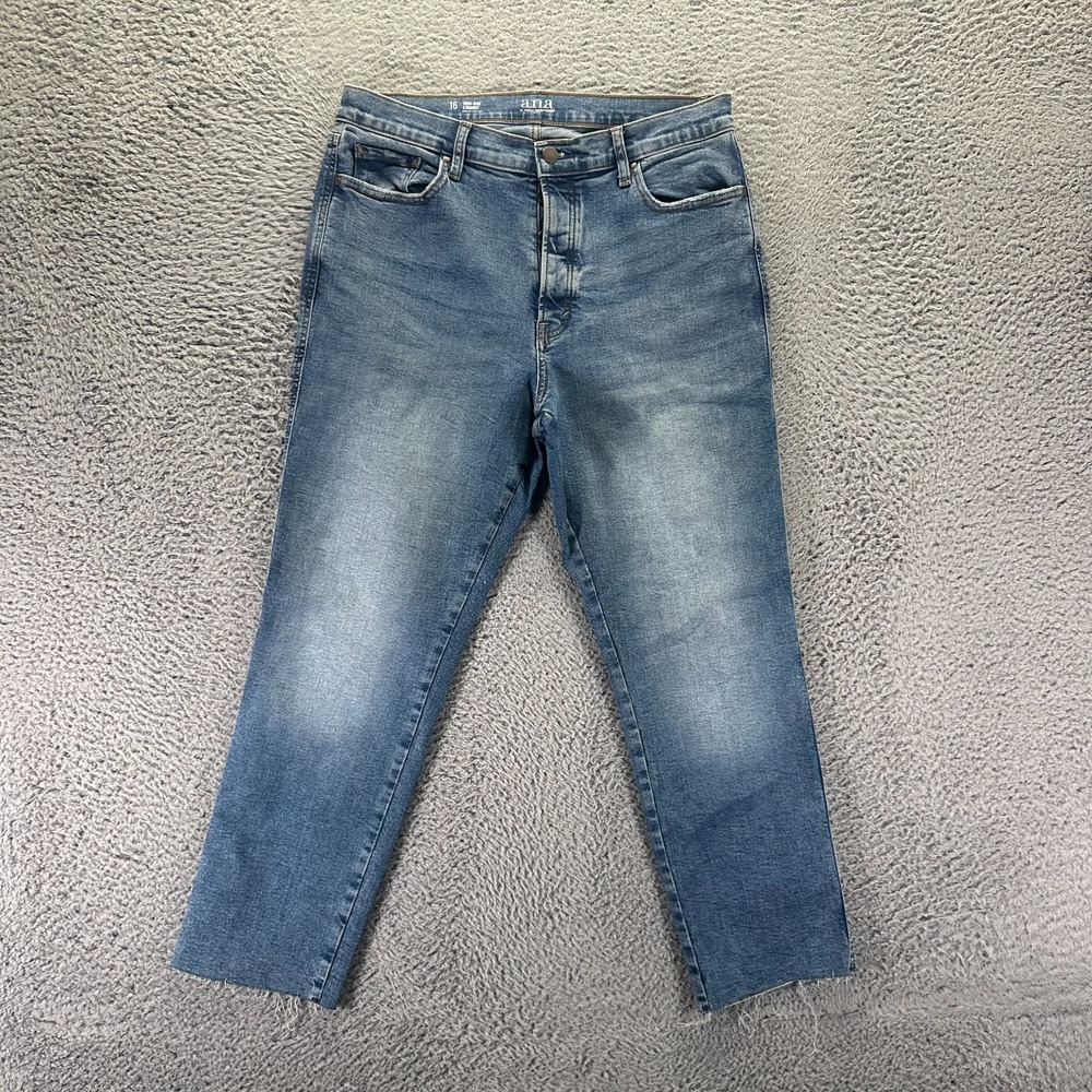 A.N.A Jeans Women's 16 Blue Cotton Denim Straight Cropped Button-Fly Raw Hem